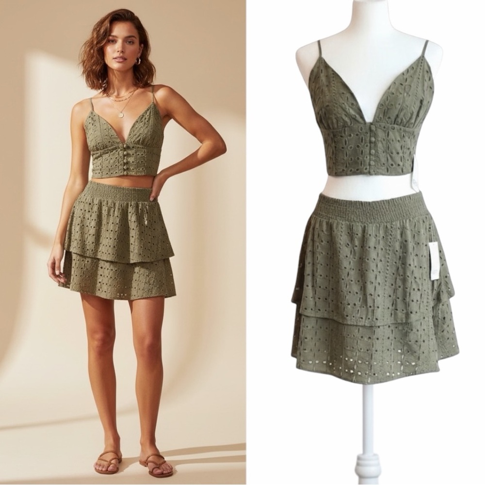 NWT BAR Ill Olive Green Island Breeze Eyelet Crop Top Tiered Ruffled Skirt Set
